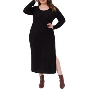 Plus Size Ribbed Knit Side Slit Crew Neck Casual Bodycon Maxi Dress Black
